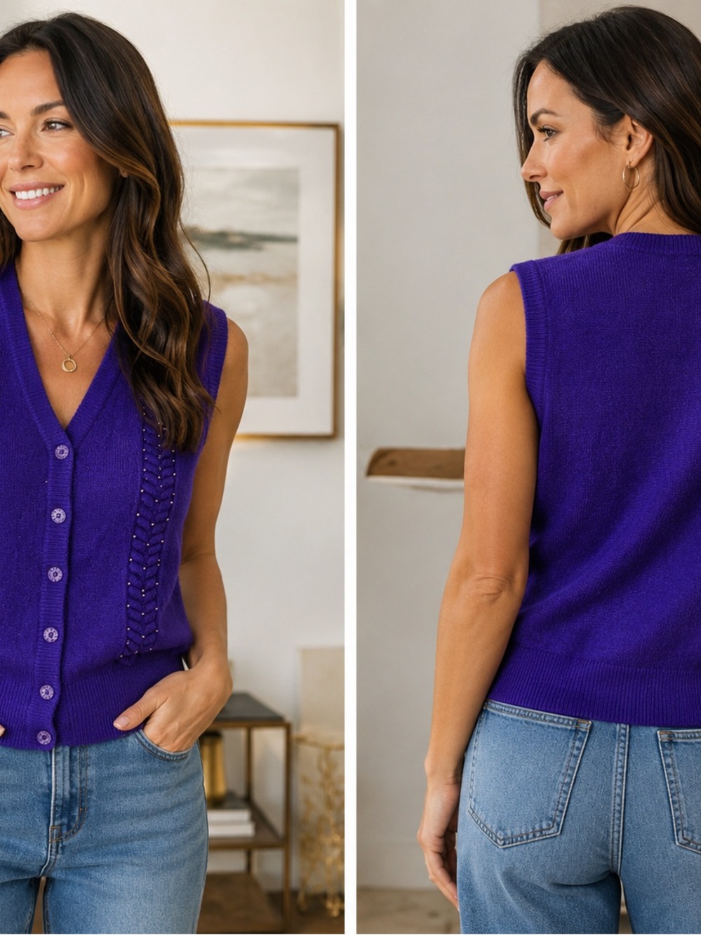 Vintage /Korean/ Purple Fuzzy Knit Beaded Sweater Vest/ size Sm/m SKU 49